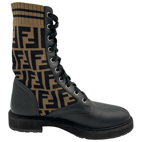 Fendi FF Rockoko Stretch Fabric Black Leather Combat Biker Boots EU 37 US 7 - Picture 5 of 10